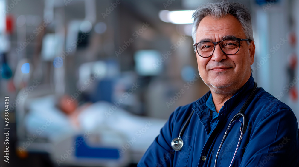 Portrait of a smiling senior chief doctor with a blue doctor's coat and a clinic in the background Portrait of a smiling senior chief doctor with a blue doctor's coat and a clinic in the background