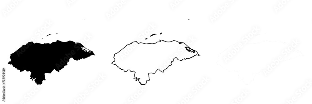 Honduras country silhouette. Set of 3 high detailed maps. Solid black silhouette, thick black outline and thin black outline. Vector illustration isolated on white background.