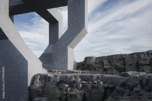 Concrete building by the cliff with space for car park. 3d rendering of abstract architecture.