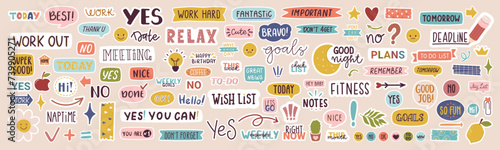 Large collection of stickers for daily planner including images and quotes. Vector illustration.