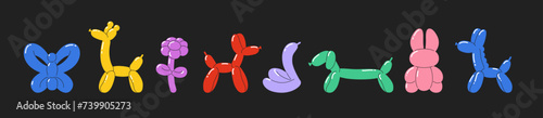 Balloon animals collection. Colored vector illustration in retro y2k style.