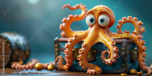 Playful 3D cartoon octopus with chest in deep blue sea setting photo
