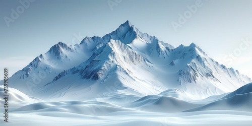 Towering 3D cartoon mountain with snow cap on winter white background