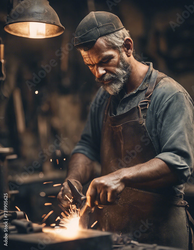 portrait of a blacksmith worker in his workshop 