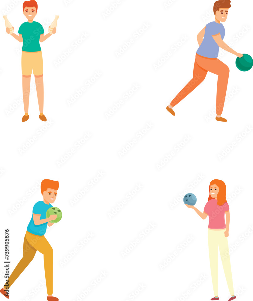 Bowling player icons set cartoon vector. Professional player prepare throw ball. Sport, leisure, hobby Bowling player icons set cartoon vector. Professional player prepare throw ball. Sport, leisure, hobby