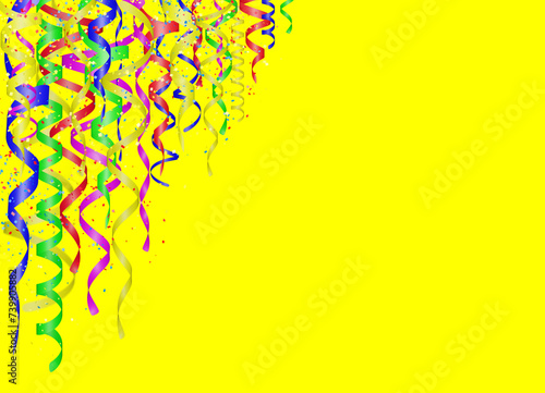 Holiday Curly colorful shiny streamer on yellow background. Hanging celebration carnival ribbons. Empty space for text