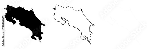 Costa Rica country silhouette. Set of 3 high detailed maps. Solid black silhouette, thick black outline and thin black outline. Vector illustration isolated on white background.