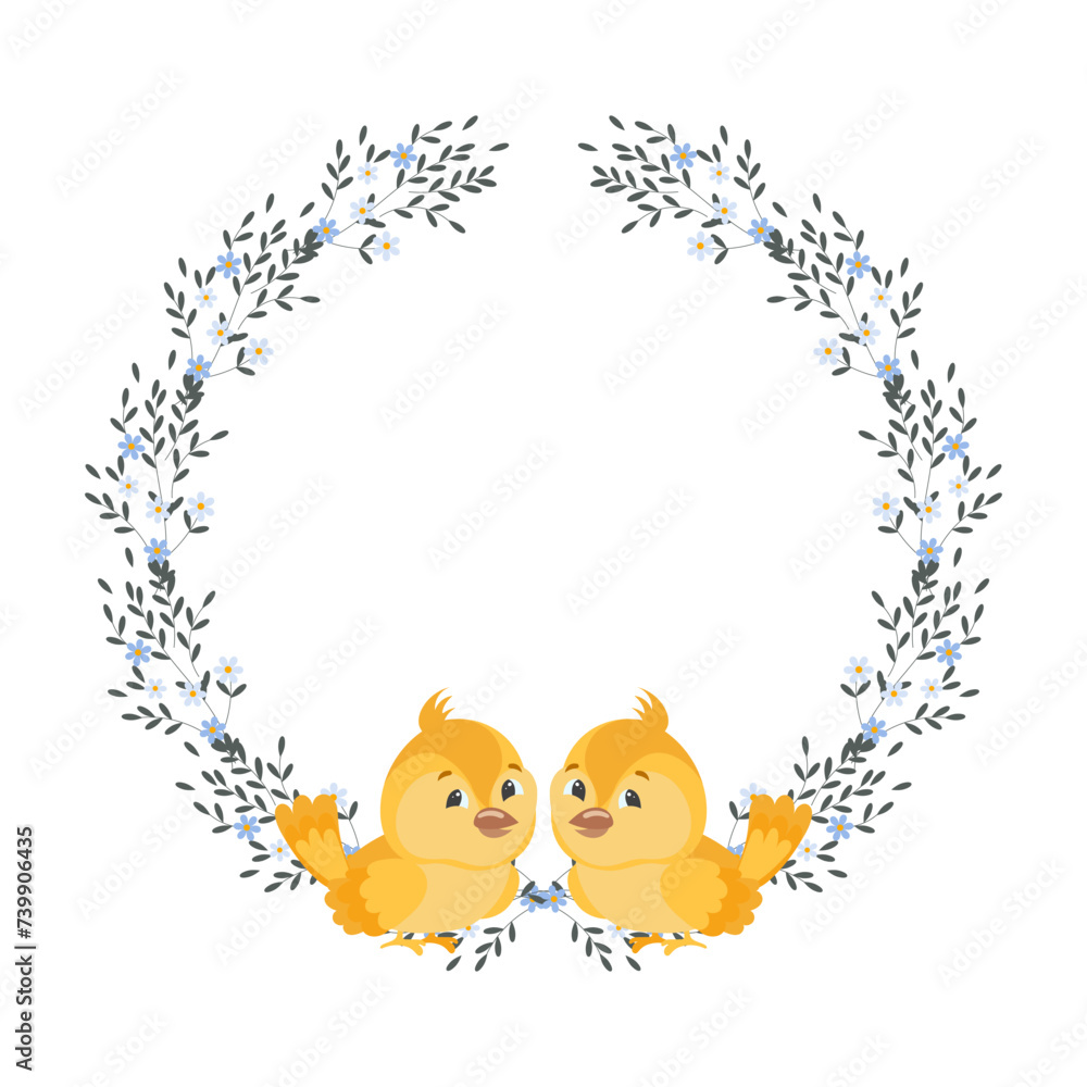Frame of small flowers and scattered leaves with little cute chickens. Easter frame, spring illustration, vector