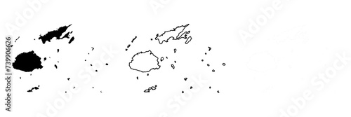 Fiji country silhouette. Set of 3 high detailed maps. Solid black silhouette, thick black outline and thin black outline. Vector illustration isolated on white background.