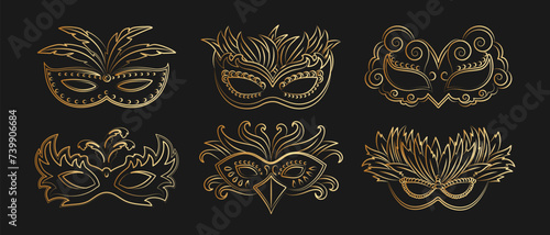 Luxurious golden carnival masks on a black background, collection. Icons, templates, holiday decor elements, vector