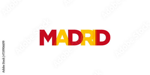 Madrid in the Spain emblem. The design features a geometric style, vector illustration with bold typography in a modern font. The graphic slogan lettering.