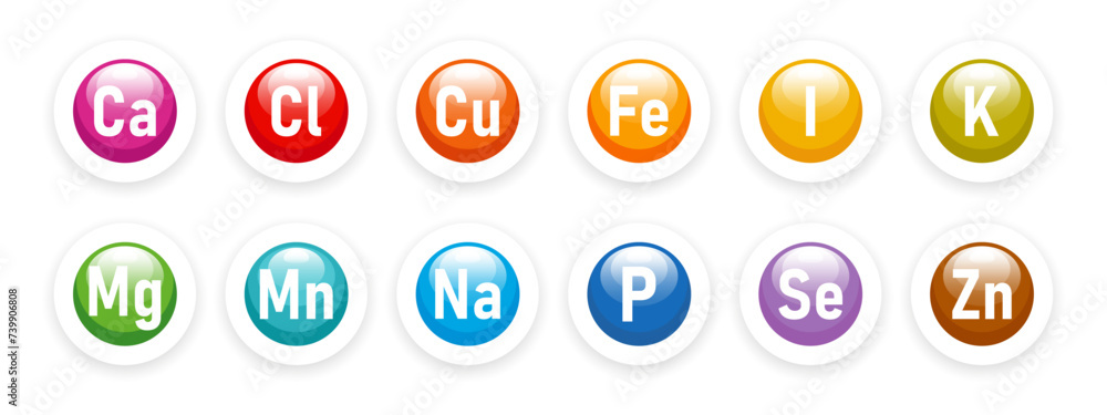 Mineral nutrition icons set. The concept of healthcare and medicine. Healthy food infographic. Iron, calcium, magnesium, zinc, potassium, iodine, phosphorus, copper, sodium, manganese Mineral nutrition icons set. The concept of healthcare and medicine. Healthy food infographic. Iron, calcium, magnesium, zinc, potassium, iodine, phosphorus, copper, sodium, manganese