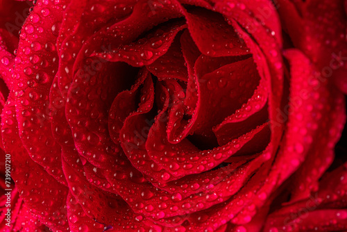 Natural red roses with water drops close-up. Greeting card for Valentines Day  Womens Day. Holiday concept.
