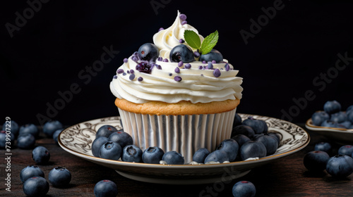 blueberry cupcakes muffin with mint leaf and fresh blueberries fruits around them on a rustic wooden table created with Generative AI Technology 