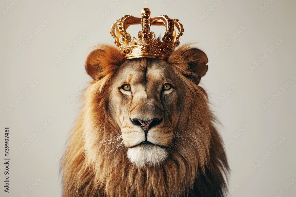 A noble lion wearing a regal golden crown poses for a royal-like portrait.
