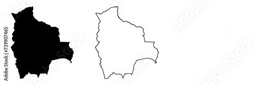 Bolivia country silhouette. Set of 3 high detailed maps. Solid black silhouette, thick black outline and thin black outline. Vector illustration isolated on white background.