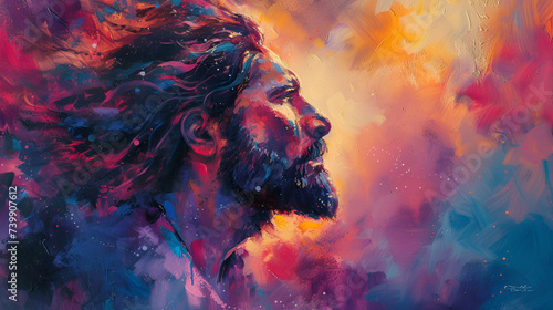 painting of Jesus with a lion, on beautiful colorful background with hint of space feeling, lion profile portrait. generative ai