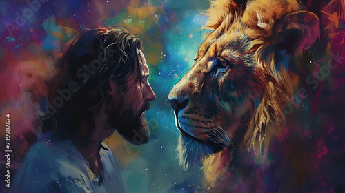 painting of Jesus with a lion, on beautiful colorful background with hint of space feeling, lion profile portrait. generative ai