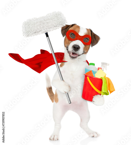 Funny jack russell terrier puppy wearing superhero costume holds  the mop and bucket with washing fluids. Isolated on white background