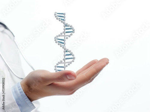 Doctor's hands holding DNA strands, white background, concept, science, gene editing, genetics, DNA editing, beautiful blue, futuristic, hi-tech, future
