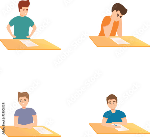 Exam icons set cartoon vector. Young people taking exam. Education, learning