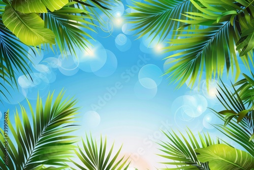Summer background with tropical leaves. Green leaves of plants against the blue sky. Illustration