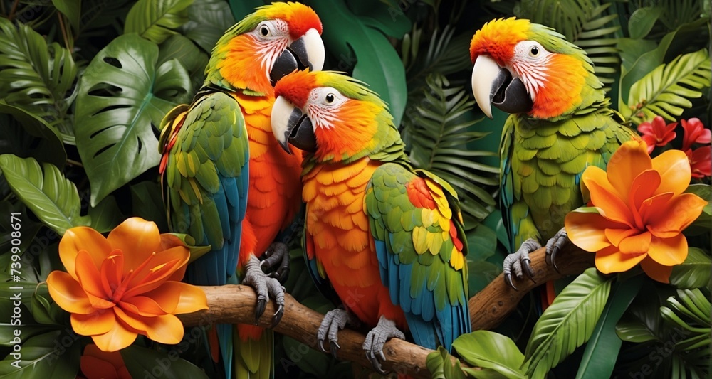 Capture the essence of a Rio parrot amid lush tropical foliage, blending seamlessly with its natural habitat, with a focus on the integration of realistic textures -Ai Generative Capture the essence of a Rio parrot amid lush tropical foliage, blending seamlessly with its natural habitat, with a focus on the integration of realistic textures -Ai Generative