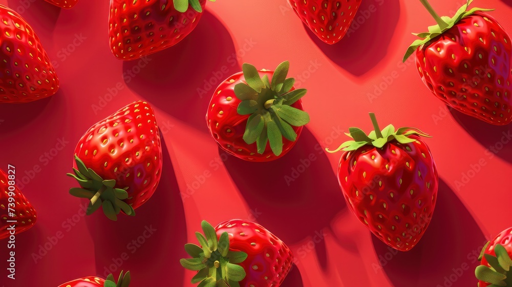 Strawberry illustration. Beautiful ripe red strawberries on red background, flat lay top view. Summer fruit background, healthy food. Strawberry pattern
