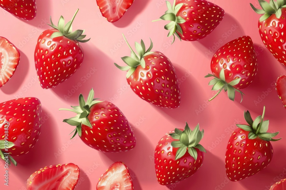 Strawberry illustration. Beautiful ripe red strawberries on a pink background, flat lay top view. Summer fruit background, healthy food. Strawberry pattern Strawberry illustration. Beautiful ripe red strawberries on a pink background, flat lay top view. Summer fruit background, healthy food. Strawberry pattern