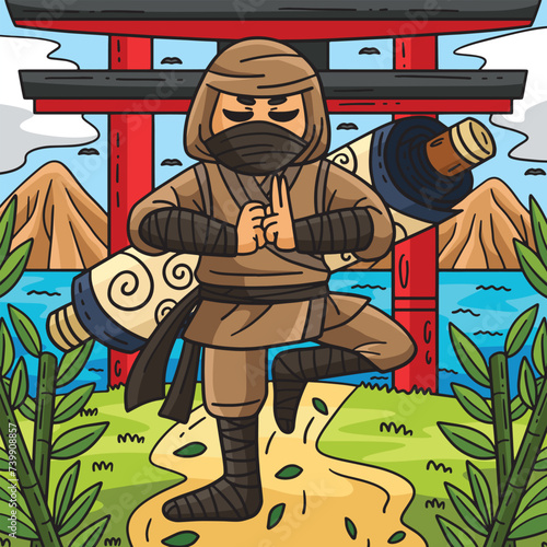 Ninja with a Scroll on Back Colored Cartoon 