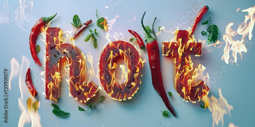 Text hot made from 3 d letters shaped burn fire pepper chilli on white background. 