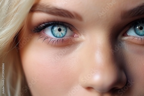 Beautiful blue eyes of a young blonde woman close-up. Delightful female eyes the color of the sky