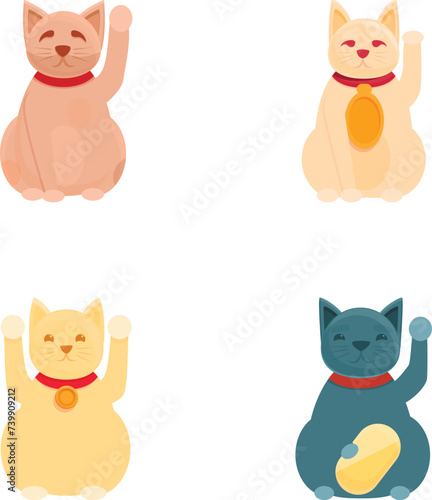 Lucky cat icons set cartoon vector. Japanese cat maneki neko with raised paw. Asian figurine for good luck