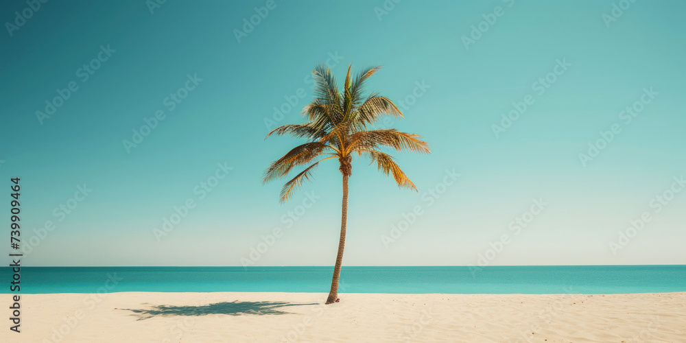 Palm on a sunny tropical sea shore under turquoise sky. Vacation concept. Generative AI