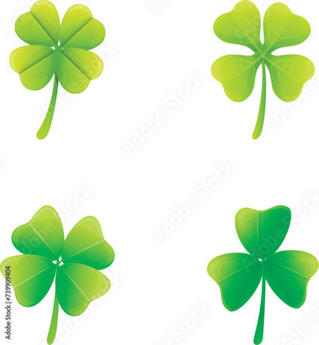 Clover icons set cartoon vector. Green clover with four leaf. Plant, nature concept
