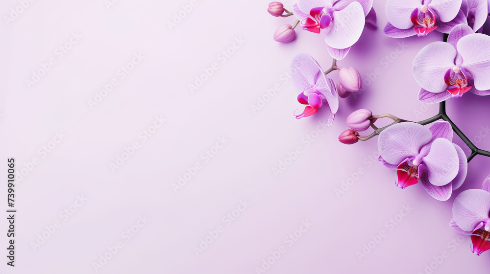 Minimalist blooming purple Orchid flower on soft purple pastel colors background with space for text created with Generative AI Technology