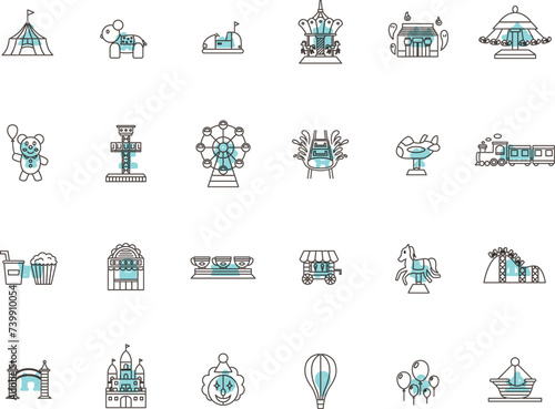 アウトラインのテーマパーク関連イラストアイコンセット　水色