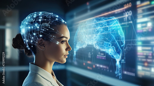 Attractive diverse women in digital future technology and AI brain interface with holographic data analysis visualization in futuristic laboratory created with Generative AI Technology