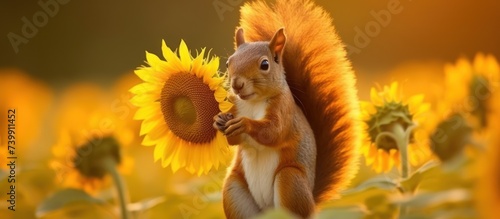 red squirrel eating sunflowers background