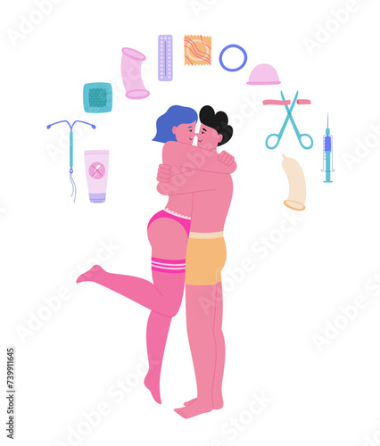 Safe sex concept. Romantic foreplay. An embracing heterosexual nude couple and contraceptive methods around. Young adult people on a date. Vector illustration	