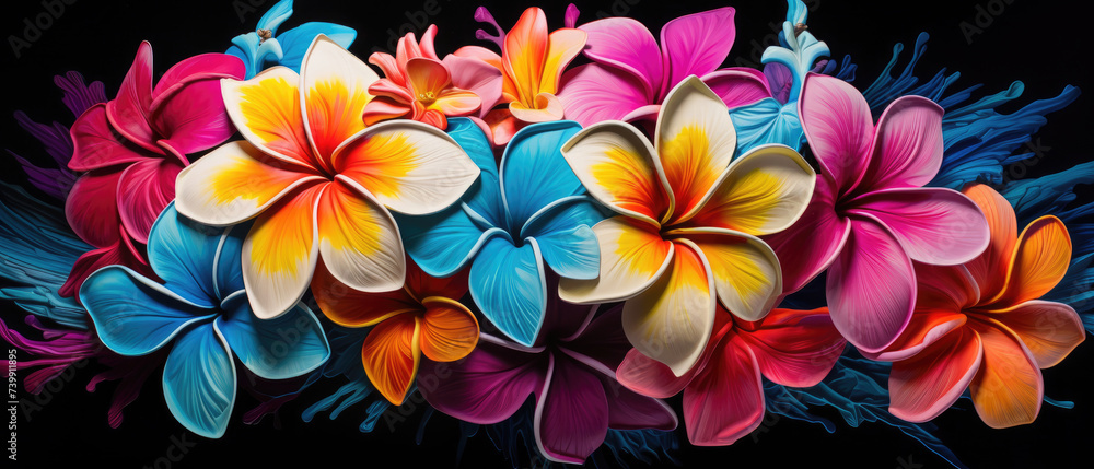 Colorful blooming plumeria frangipani flowers stacked on top of each other created with Generative AI Technology