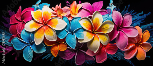 Colorful blooming plumeria frangipani flowers stacked on top of each other created with Generative AI Technology