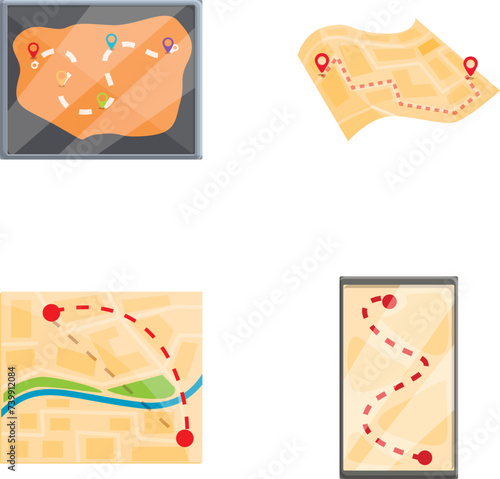 Mobile navigation icons set cartoon vector. Gps navigation map on phone screen. Mobile gps service