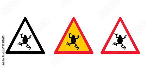 Danger frog crossing road warning, traffic sign. Big toad frog vector. Frogs caution, crossing road. Cartoon reptile. Attention amphibian icon