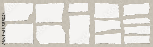 Set of torn, ripped pieces of white note paper with soft shadow are on brown squared background for text or ad.