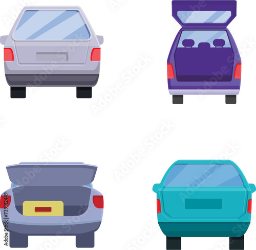 Minivan trunk icons set cartoon vector. Various automobile with open trunk. Back view