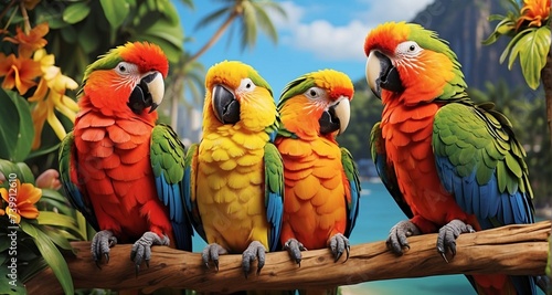 Explore the social and playful nature of Rio parrots with an image of a group of parrots engaged in a lively interaction, each bird portrayed with ultra-realistic details in their feathe-Ai Generative photo