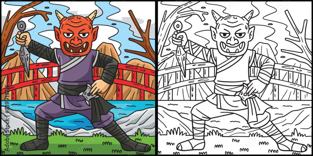 Ninja Wearing Oni Mask Coloring Page Illustration