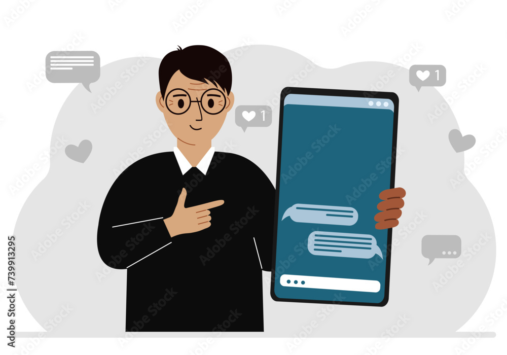 A man holds a mobile phone with correspondence and SMS messages in his hand. A man holds a mobile phone with correspondence and SMS messages in his hand.