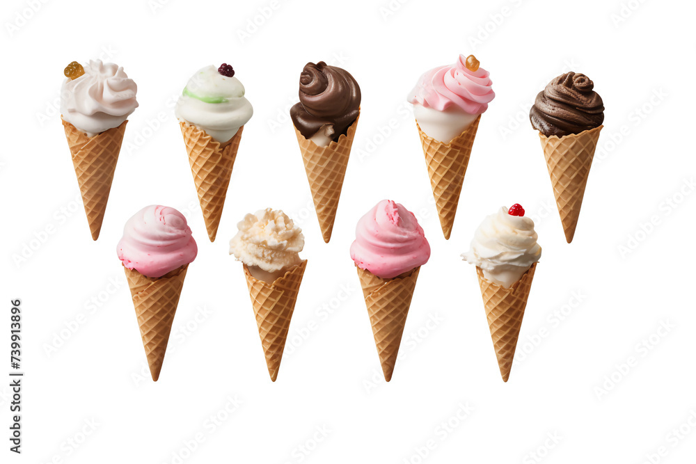Different flavored ice-cream cones on a transparent background 